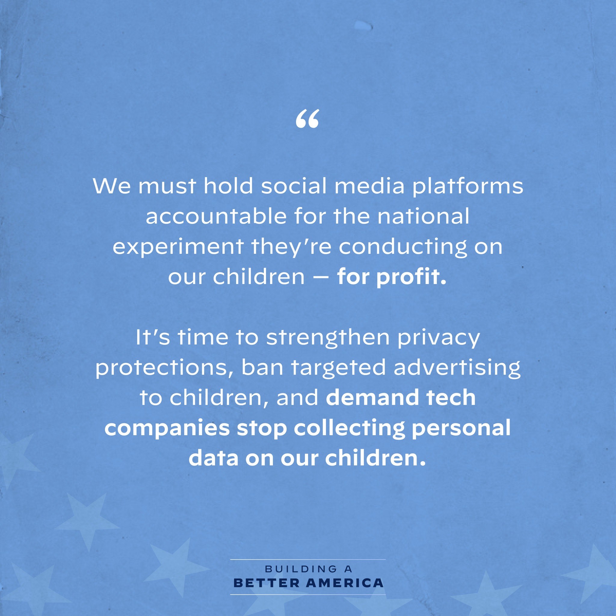 Plakat mit einem Zitat aus Building a Better America, das soziale Medien für Experimente an Kindern kritisiert, dekoriert mit Sternen.