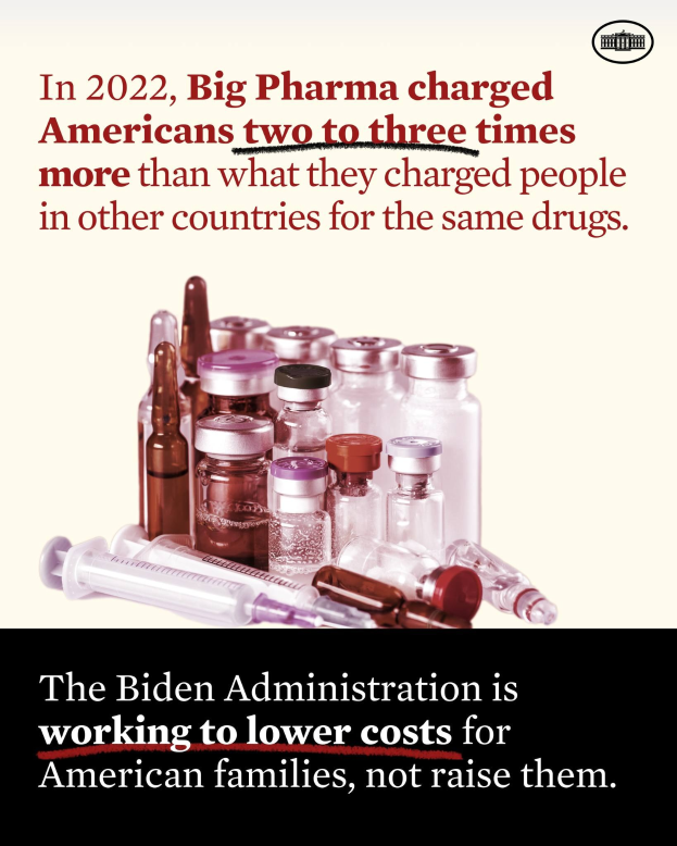 Plakat, das zeigt, dass Big Pharma 2022 Americans zwei bis drei Mal so viel für dieselben Medikamente berechnet hat wie andere Länder, mit Bildern von Medikamentenflaschen und einer Spritze darunter
