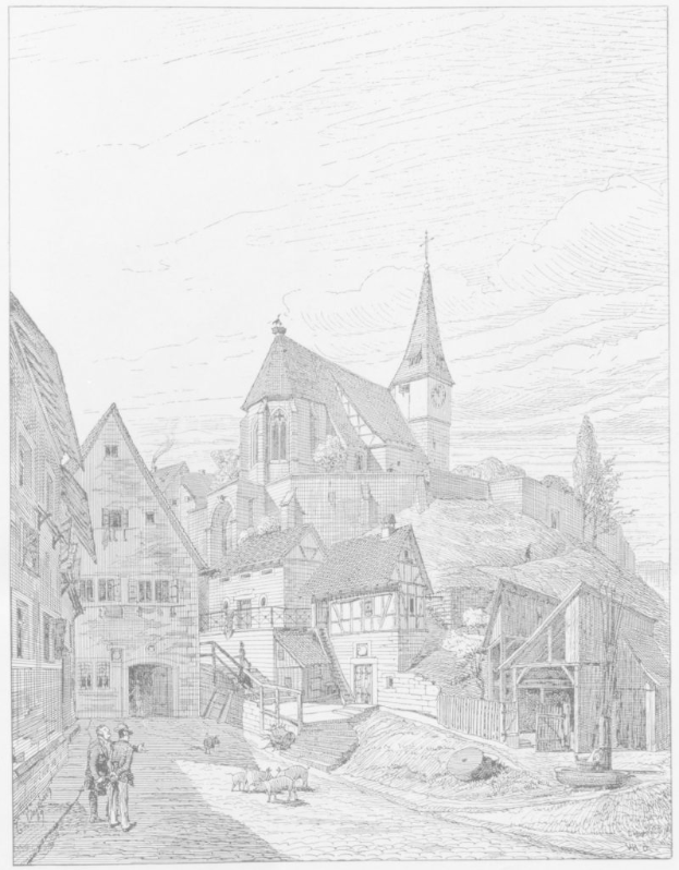 Eine Schwarz-Weiß-Zeichnung einer Straßen Szene in Heidelberg, Deutschland, mit der Kirche der Heiligen Dreifaltigkeit im Hintergrund, umgeben von Gebäuden, Menschen, Tieren, Bäumen und einem Himmel, mit Text unten, der lautet "Die Kirche der Heiligen Dreifaltigkeit in der Altstadt von Heidelberg, Deutschland".