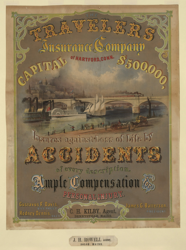 Werbeplakat für die Traveler's Insurance Company of Hartford, Connecticut, mit Booten, Brücke, Gebäuden und Texten, die Reiseversicherungsdienstleistungen bewerben.