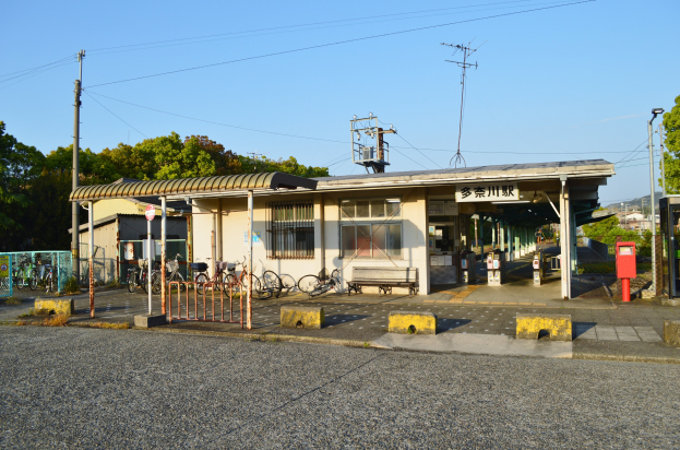 Fahrräder vor einem Bahnhof mit einer Straße darunter, Häusern und Bäumen im Hintergrund unter einem klaren blauen Himmel.