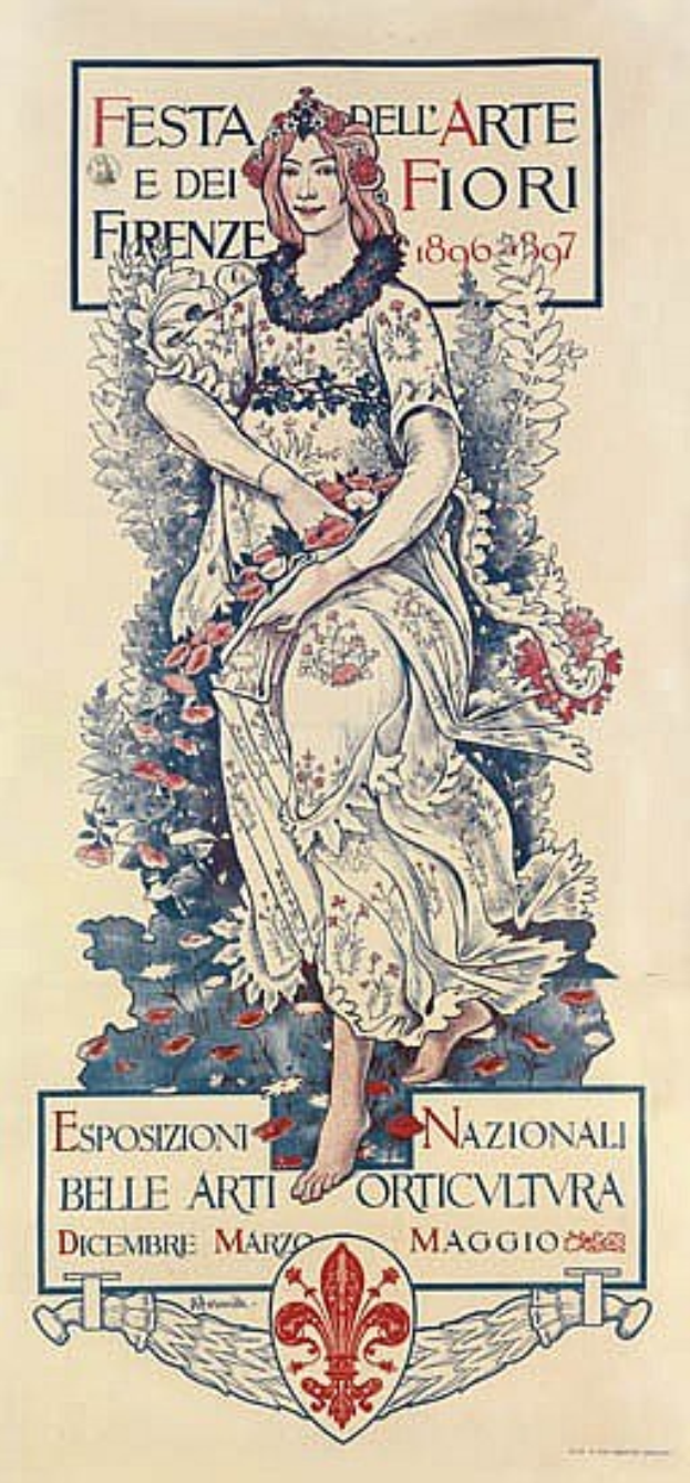 Ein Festivalplakat in Italien, das eine Frau in einem wallenden weißen Kleid mit einem hohen Kragen und langen Ärmeln zeigt, deren Haar zu einem Dutt gebunden ist, vor einem hellblauen Hintergrund mit schwarzer Schrift.