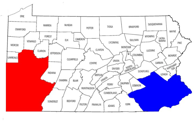 Eine Karte von Pennsylvania mit in rot und blau hervorgehobenen Countys, beschriftet mit "Pennsylvania Wahl-Ergebnisse."