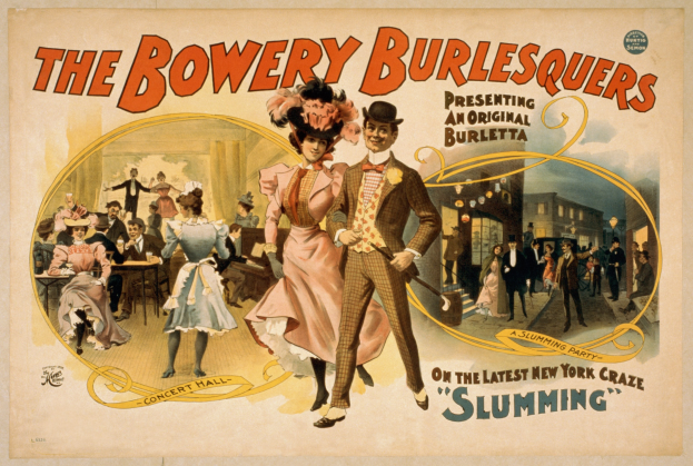 Plakat für "The Bowery Burlesquers" mit einer Gruppe tanzender Menschen vor Gebäuden, mit Text zur Beschreibung des Ereignisses.