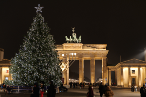 Ein großer Weihnachtsbaum mit Lichtern und Sternen steht vor dem Reichstagsgebäude in Berlin, Deutschland, umgeben von Menschen und Gebäuden, Laternenmasten und Schildern im Hintergrund bei bewölktem Himmel.