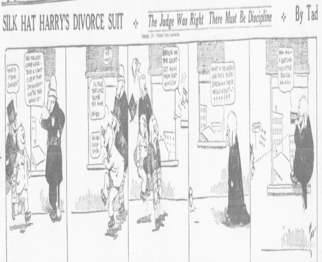 Cartoon-Illustration eines Mannes in einem schwarzen Anzug und weißem Hemd mit schwarzer Krawatte und einer Frau in einem eleganten Kleid mit einem schwarzen Schal, beide mit ernsten Gesichtern, beschriftet mit "Scheidungsklage."