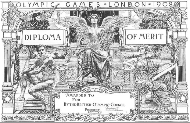 Eine Schwarz-Weiß-Zeichnung eines Mannes im Anzug und einer Frau in einem eleganten Kleid, die auf einer Bank sitzen, mit den Worten "Verdienstdiplom" darüber, beide mit entschlossener Miene.