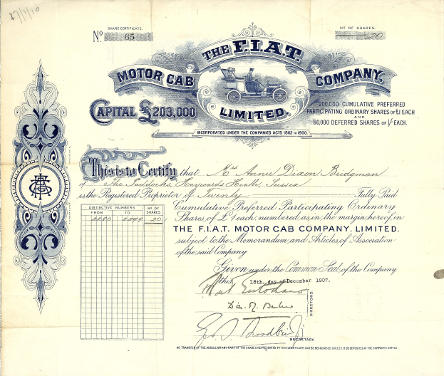 Ein altes Aktienzertifikat der Flat Motor Cab Company, mit gedrucktem Text und handgeschriebenen Zahlen.