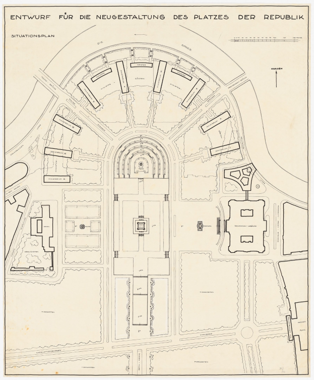Schwarz-weißer Architekturplan von Berlin, Deutschland, mit einem zentralen Gebäudeentwurf und detaillierten Textanmerkungen.