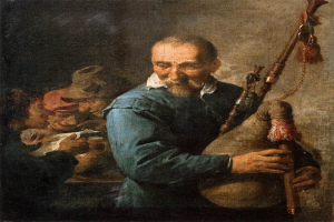 Ein alter Mann spielt eine Dudelsack, umgeben von einer Gruppe von Menschen, einige tragen Mützen, mit verschiedenen Gegenständen im Hintergrund, gemalt von Rembrandt van Rijn und in einem Foto Rahmen angezeigt.