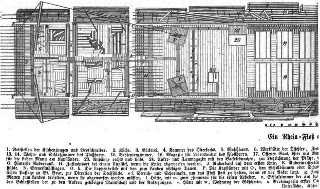 Schwarz-weiß-Zeichnung eines zweistöckigen Gebäudes mit zahlreichen rechteckigen Fenstern und einer zentralen Tür, das als erstes deutsches Haus im 18. Jahrhundert bezeichnet wird, begleitet von beschreibendem Text auf demselben Blatt.
