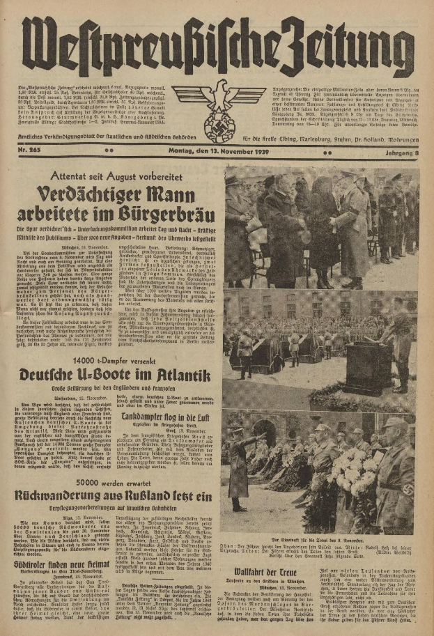 Schwarze-weisse Titelseite einer deutschen Zeitung vom 13. November 1939 mit der Uberschrift "Weitpreubliche Zeitung" und einem Foto von Menschen in traditioneller deutscher Tracht beim Feiern.