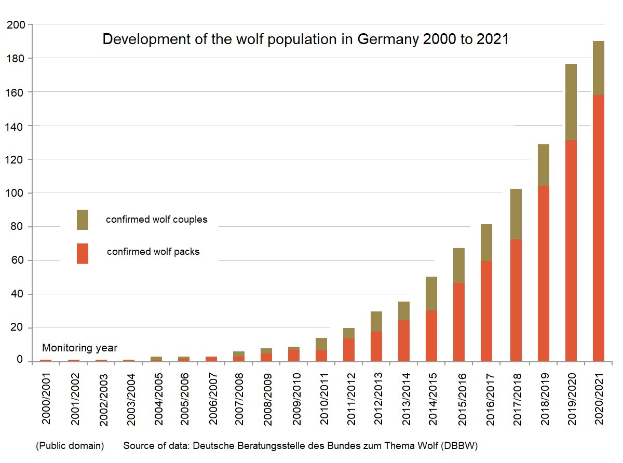 Liniengraph, der den Anstieg der Wolfpopulation in Deutschland von 2000 bis 2021 zeigt, mit begleitendem Erläuterungstext.