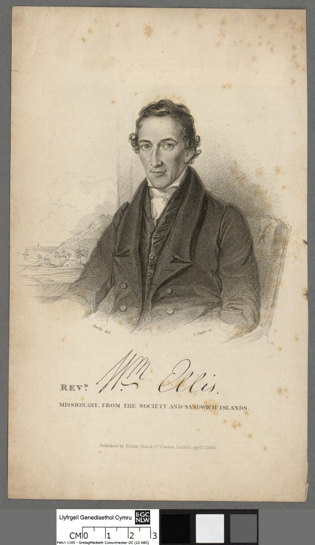 Portrait von Herrn Ellis, einem Missionar aus der Gesellschaft und den Sandwich-Inseln, der in einem Stuhl sitzend mit ernstem Gesichtsausdruck dargestellt ist.