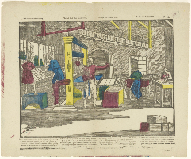 Eine handgezeichnete Fabrikszene, die Arbeiter bei der Bedienung von Maschinen und Tischen zeigt, mit Fenstern und anderen Gegenständen, begleitet von Text am unteren Rand.