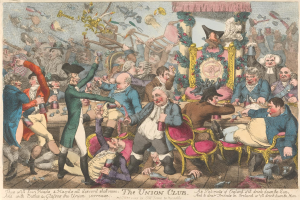 Eine Karikatur von Menschen in einer Taverne, einige sitzen und einige stehen, mit verschiedenen Gegenständen auf dem Tisch und dem Text 'The Union Club' unten.