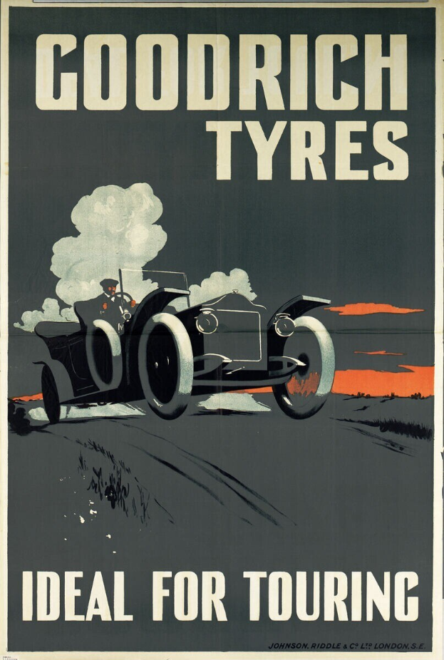Plakatwerbung für Goodrich Reifen, das einen Wagen mit einer Person darin und Text zeigt, der Unternehmens- und Dienstleistungsinformationen bereitstellt.
