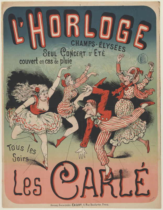 Ein farbenfrohes Konzertplakat für ein Event im Chorlage in Paris, Frankreich, das eine Gruppe von Menschen in bunten Kostümen zeigt, die fröhlich tanzen, vor einem hellgelben Hintergrund mit fetter Schrift.