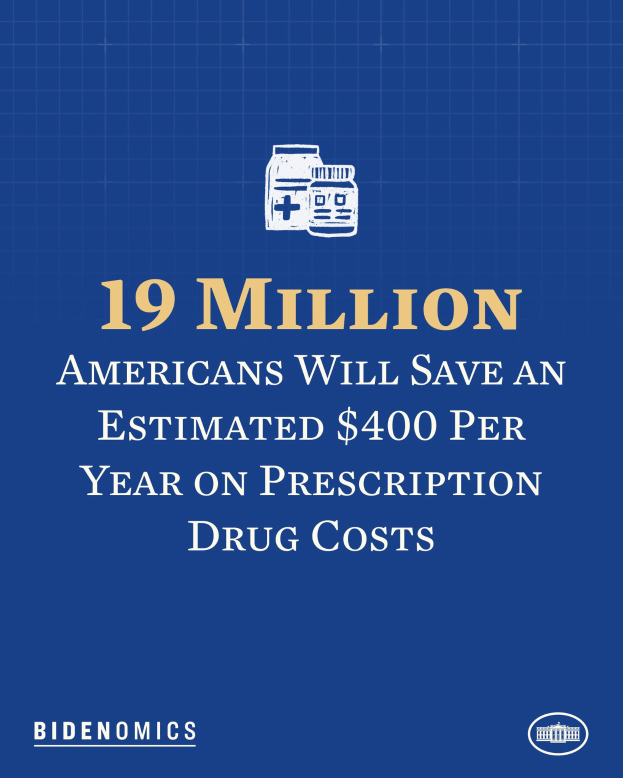 Ein blauer Hintergrund mit weißer Schrift und einem Logo, das "19 Millionen Amerikaner sparen geschätzt 400 Dollar pro Jahr an Arzneimittelkosten" lautet.