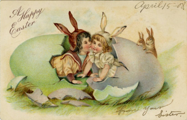 Altmodische Ostern-Postkarte mit zwei Kindern in einem Ei mit zwei Hasen, begleitet von einem Text, der einen fröhlichen Ostergrüß wünscht.