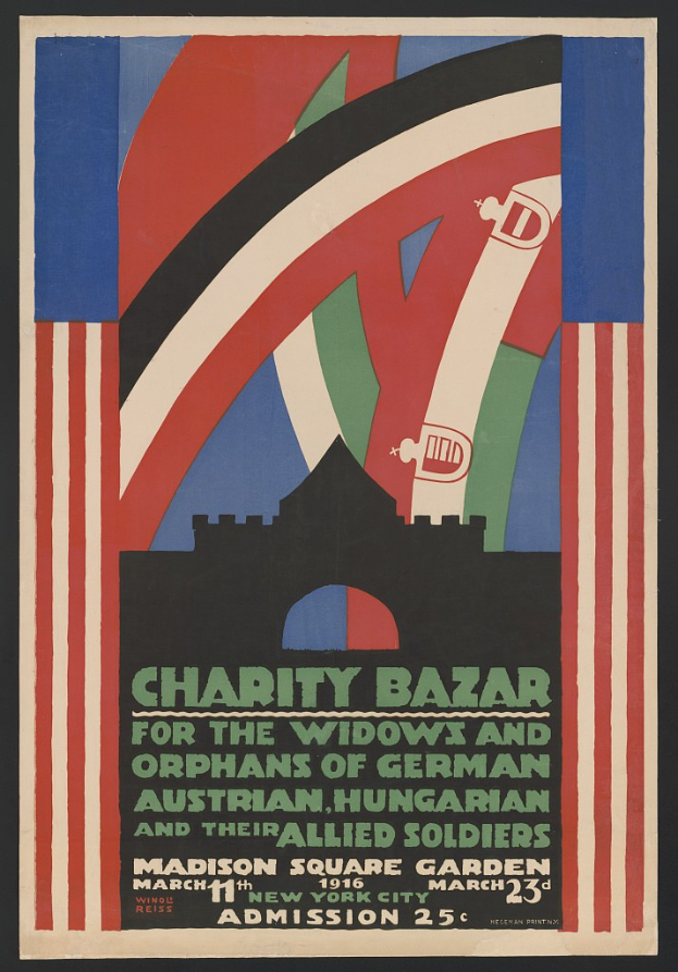 Plakat für einen Wohltätigkeitsbasar zugunsten von Witwen und Waisen deutscher, australischer, ungarischer und alliierter Soldaten mit Text zu den Veranstaltungseinzelheiten.