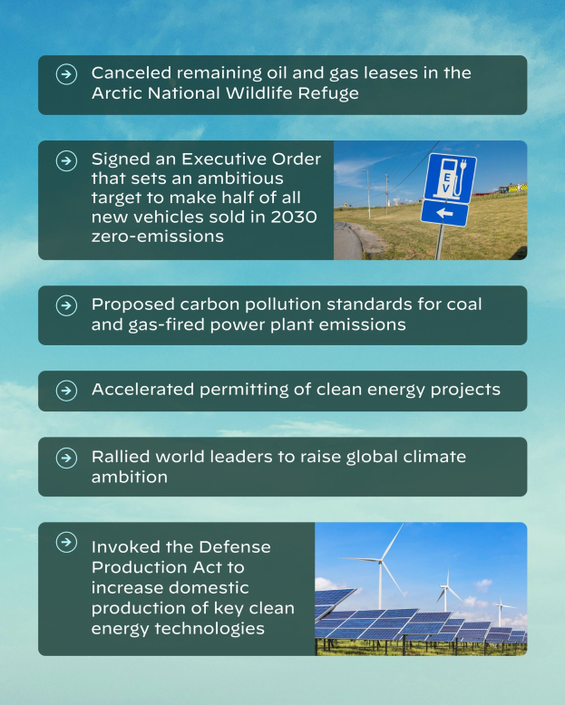 Plakat mit dem Text "Aufgehobene verbleibende Öl- und Gasförderlizenzen im Arctic National Wildlife Refuge" mit Bildern von Solarpanelen und Windrädern vor einem bewölkten Himmel.