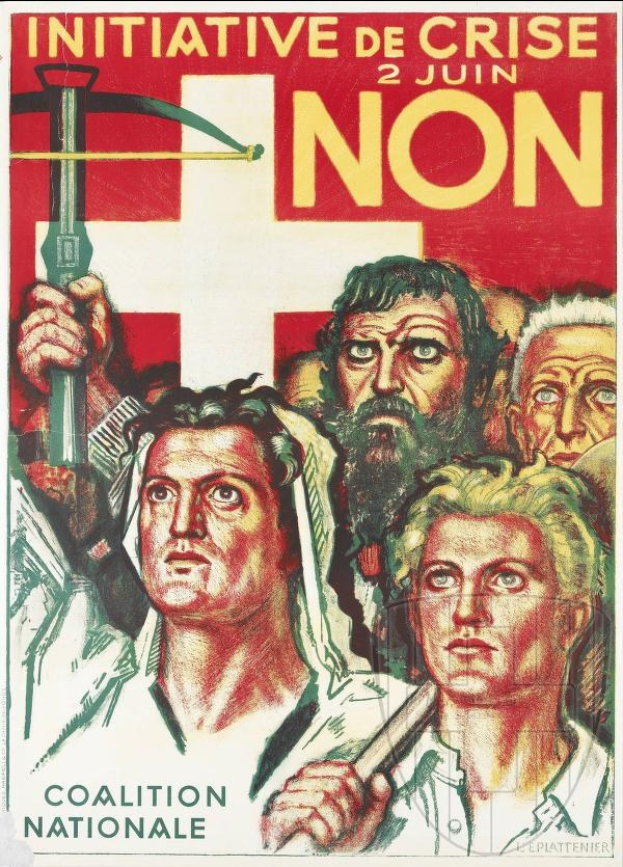 Plakat der Coalition Nationale, einer nicht-regierungsgebundenen Initiative, das eine Gruppe von Menschen mit Hammer und Sichel zeigt und Text zur Organisation und ihrer Mission enthält.