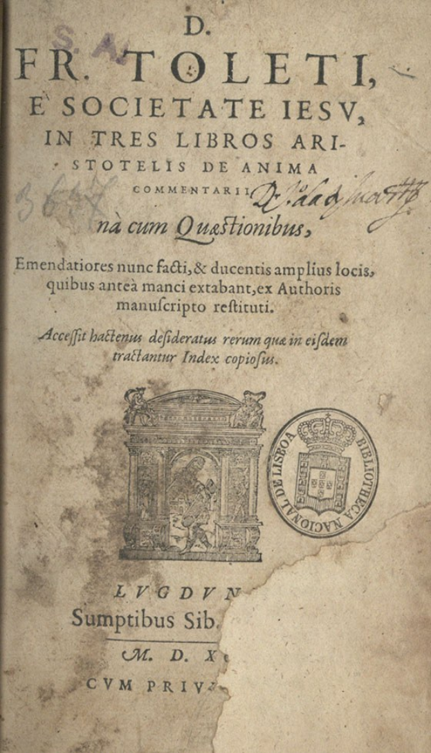 Altes Buch mit einem Stempel, altem Text und einer Illustration auf dem Cover.