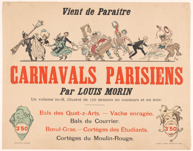 Ein Blatt mit der Überschrift "Carnivals Parisiens par Louis Morin" in fetter Schrift, das farbenfrohe, detaillierte Entwürfe von Menschen in bunten Kostümen und Masken bei einer lebendigen KarnevalsSzene zeigt.
