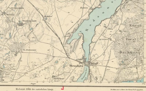Ein altes Stadtplan von Stendsitz, Deutschland, zeigt Straßen, Gebäude, Sehenswürdigkeiten und einen Fluss, der durch die Stadt fließt, mit Textangaben zur Bevölkerung, Bevölkerungsdichte und Lage.