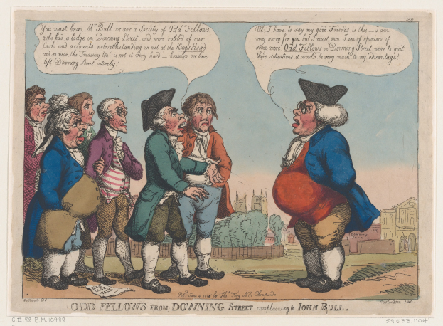 Cartoon-Illustration einer Gruppe von Menschen vor einem Gebäude, Bäumen und Himmel mit Text unten, der "odd fellows from downing street complaining to John Bull" lautet.