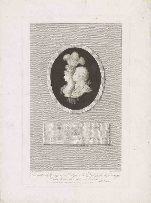 Schwarzes-weißes Bild einer Zeitung mit einem Foto des Prinzen und der Prinzessin von Wales neben etwas gedrucktem Text.