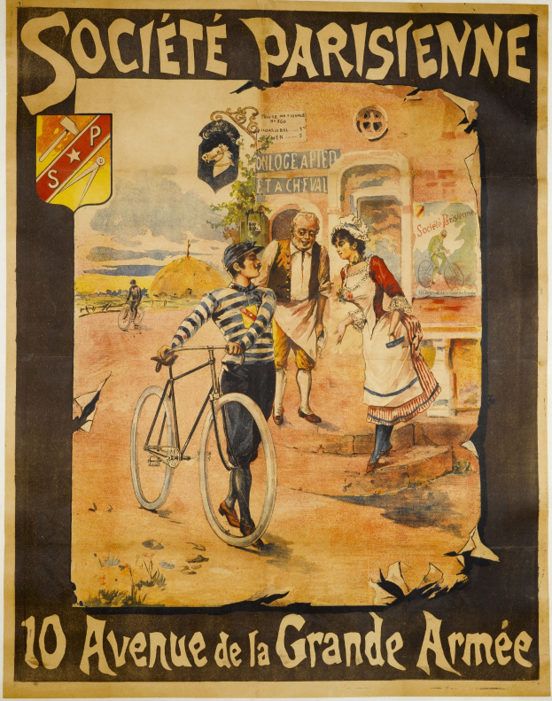 Plakat für ein Fahrradrennen in Paris, Frankreich, das eine Gruppe von Menschen zeigt, von denen einer ein Fahrrad hält und im Hintergrund ein Gebäude zu sehen ist, mit Text, der das Ereignis beschreibt.