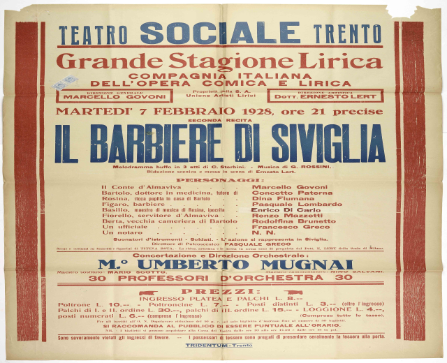 Plakatankündigung für ein Konzert im Teatro Sociale Trento in Rom, Italien, mit Text, der das Ereignis beschreibt.