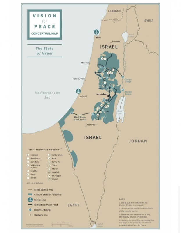 Ein Plakat mit der Aufschrift "Konzeptkarte für Frieden" zeigt eine farbcodierte Karte Israels mit fetter schwarzer Schrift oben.