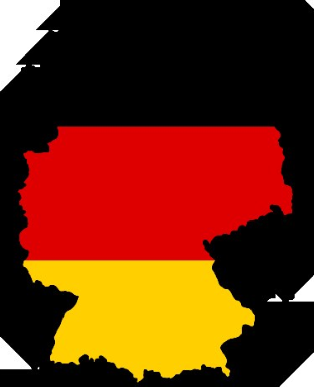 Eine Deutschlandkarte mit horizontalen Streifen in Schwarz, Rot und Gelb auf einem weißen Hintergrund.