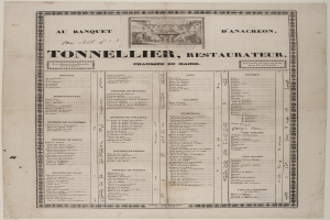 Ein altes Buch mit einer Restaurant Speisekarte, das Text und ein Bild enthält, das die Restaurantangebote beschreibt.