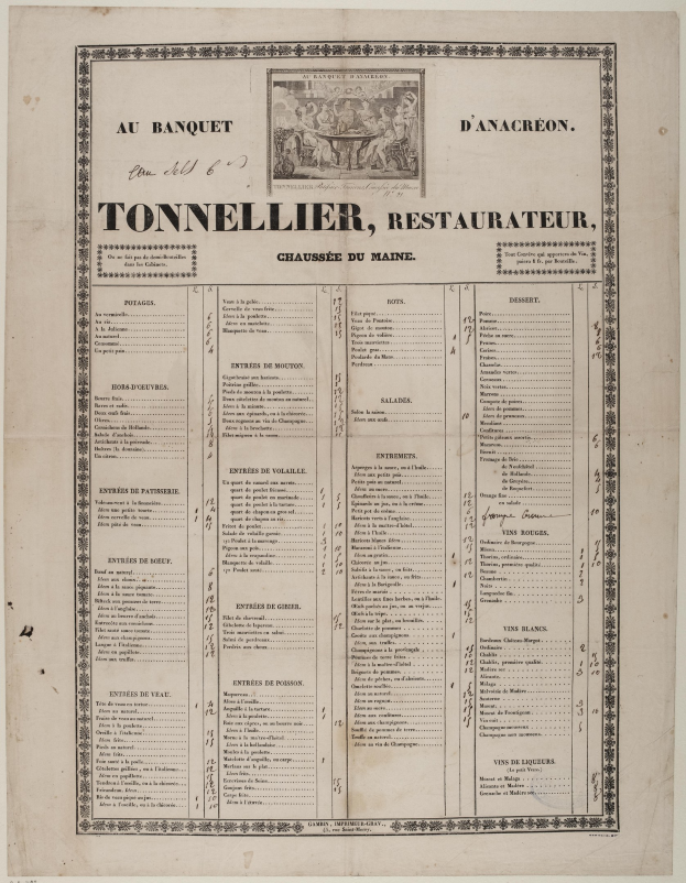 Ein altes Buch mit einer Restaurant Speisekarte, das Text und ein Bild enthält, das die Restaurantangebote beschreibt.