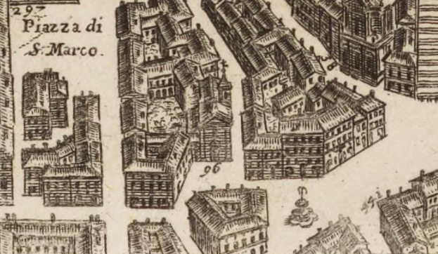 Ein detailliertes Stadtplan-Diagramm mit verschiedenen einzigartig gestalteten Gebäuden, begleitet von handschriftlichen Notizen auf dem Papier.