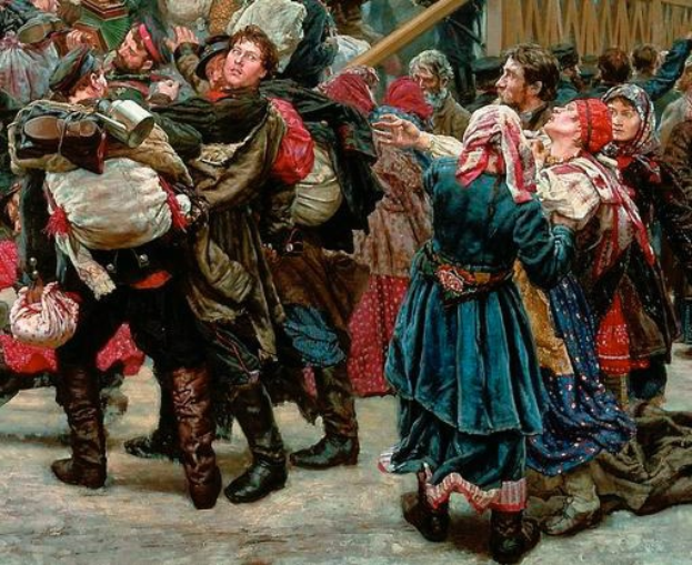 Gemälde, das eine Gruppe von Menschen in traditioneller russischer Kleidung zeigt, die Gegenstände halten und vor einem Publikum tanzen, mit einem hölzernen Haus im Hintergrund, das eine lebhafte Szene aus der russischen Revolution vermittelt.