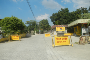 Eine Straße mit einem gelben "Slow Down School Zone"-Schild, parkende Fahrzeuge auf der rechten Seite und Bäume, Gebäude, Pfosten, Drähte und Himmel im Hintergrund.