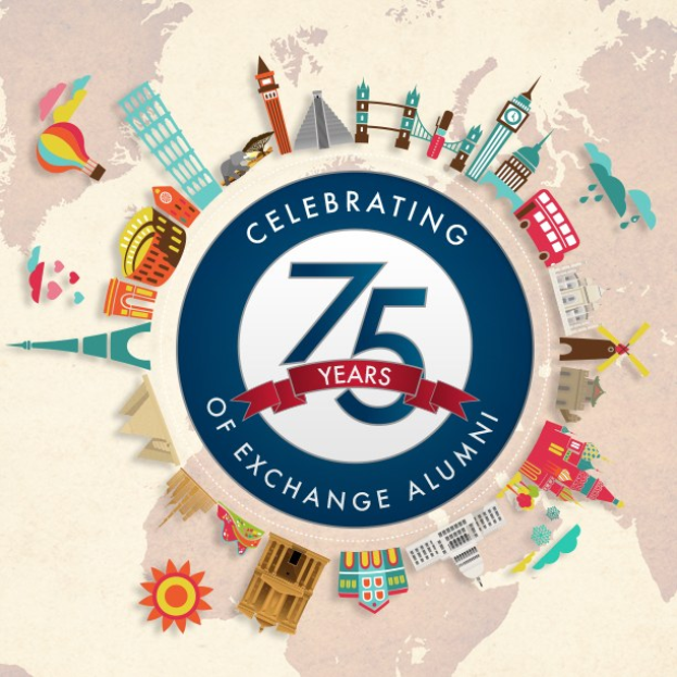 Plakat zum 75-jährigen Jubiläum des Austausch-Alumni mit Logo und einer illustrierten Weltkugel mit einem strahlenden Sonnengesicht.
