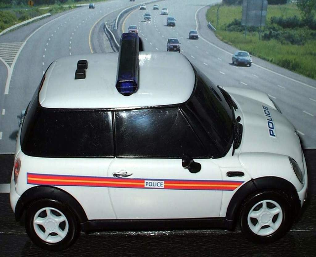 Weißes Polizeiauto mit 'Polizei'-Aufschrift vor einer befahrenen Straße, flankiert von Gras und Bäumen außerhalb der Stadt.