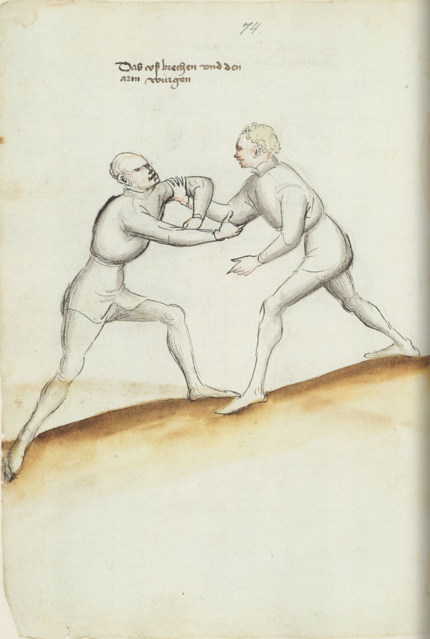 Zwei Männer streiten, wobei einer einen Schlag auf den anderen wirft, der auf einem Papier mit Text steht, der die Szene beschreibt.