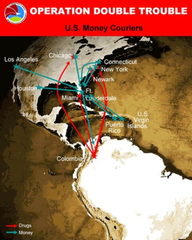 Plakat mit der Aufschrift "Operation Double Trouble: US-Geldkurier" mit einer Karte der USA, die in zwei Abschnitte unterteilt ist: einer zeigt die Routen der US-Geldkurier und der andere die Standorte der Geldtransportunternehmen.