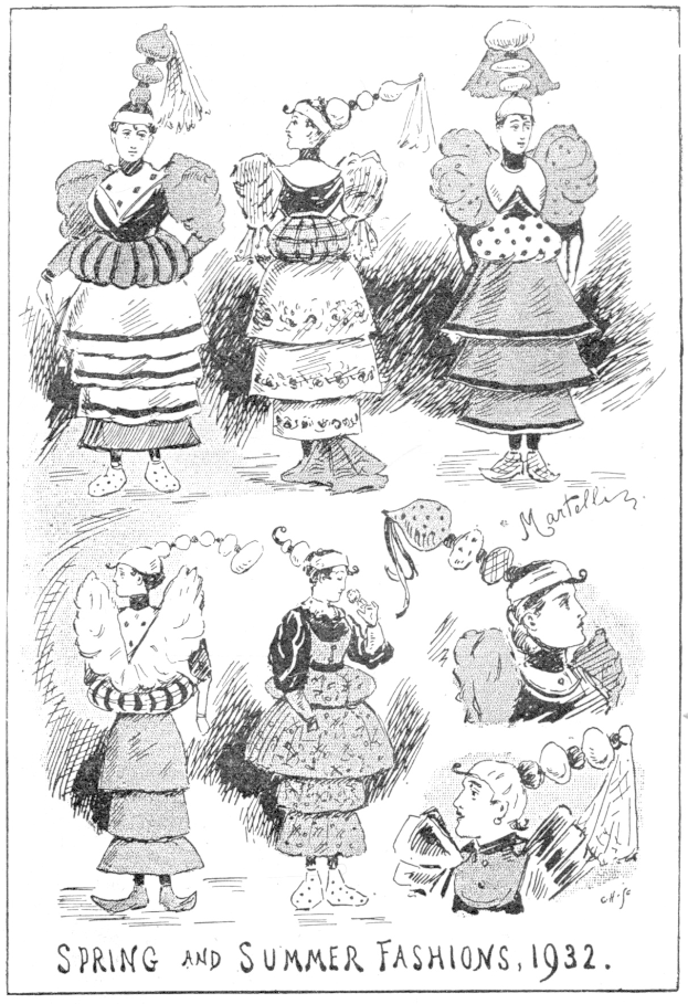 Illustration von Frauen in 1932er Frühlings- und Sommermodekleidern neben beschreibendem Text.