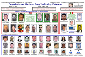Ein Plakat mit einem hellblauen Hintergrund, das Bilder verschiedener Personen und den fetten Text "Verbrecher der mexikanischen Drogenhandel Gewalt" in schwarzer Schrift zeigt.