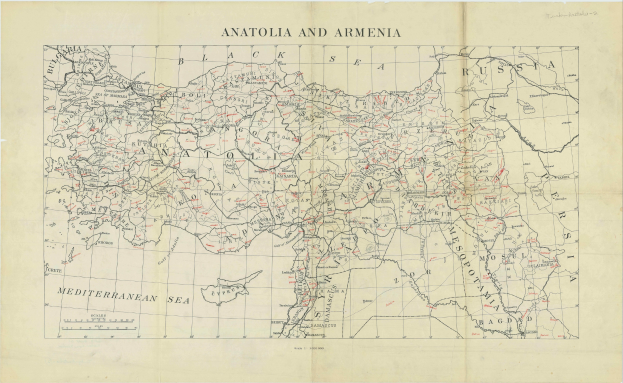 Eine detaillierte Karte von Anatolien und Armenien auf Papier, mit Text und geografischen Merkmalen wie Flüssen, Bergen und Städten annotiert.