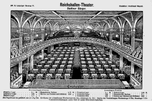 Eine Schwarz-Weiß-Zeichnung des Reichshallen-Theaters in Berlin, Deutschland, das das Auditorium mit Sitzreihen, Säulen und einer Decke zeigt, mit Text unten.