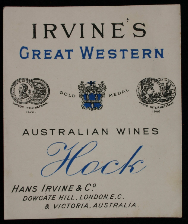 Plakat, das Irvine's Great Western Australian Wines bewirbt, mit dem Text und Logos der Firma.